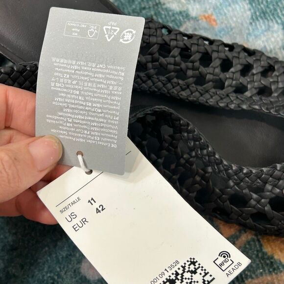 H&M Leather Slingback Pumps Sandals Black NWT Sz 11 Woven Braided Low Heels toe - Picture 5 of 16